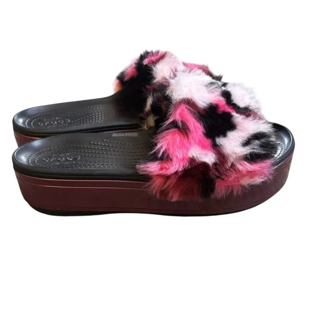 Crocs‎ CB Pink Black Fuzzy Platform So Luxe Slide sandal Summer Women's size 9